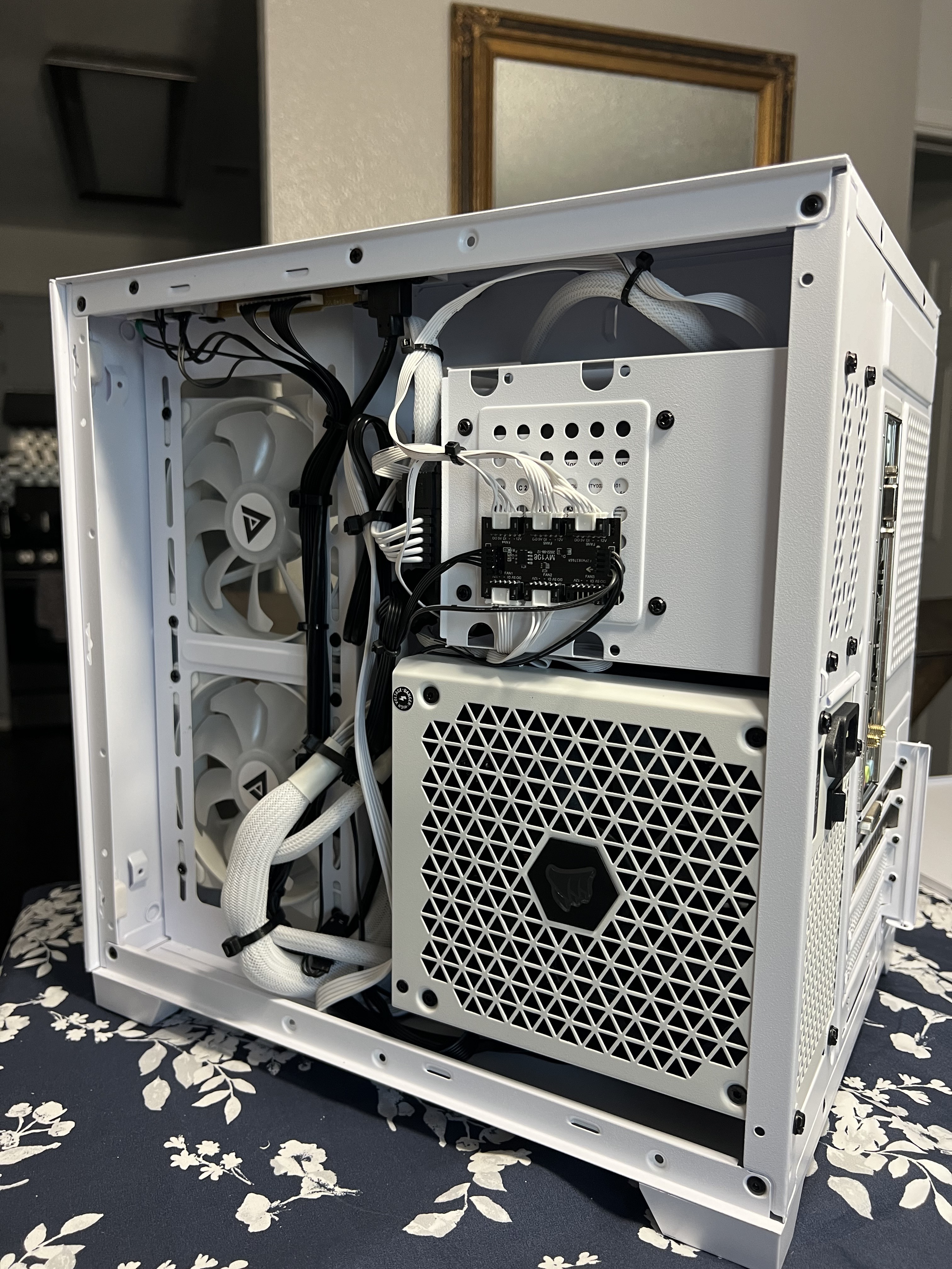 Clean cable management on back panel of white build