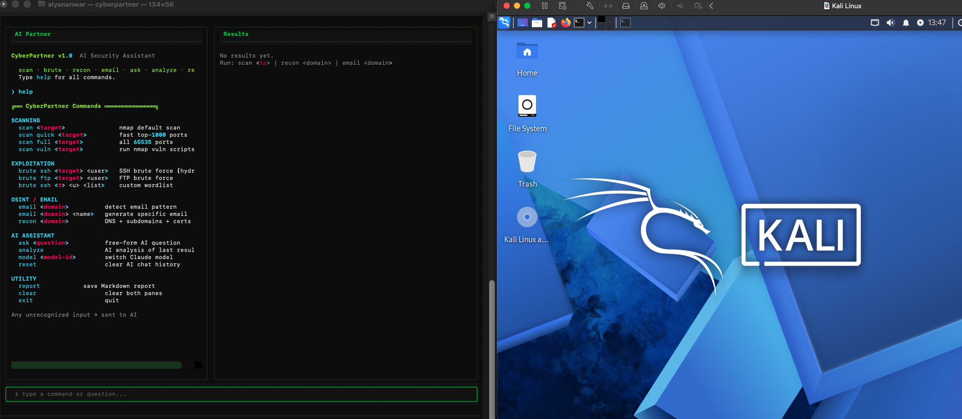 CyberPartner terminal UI running recon next to a Kali Linux desktop
