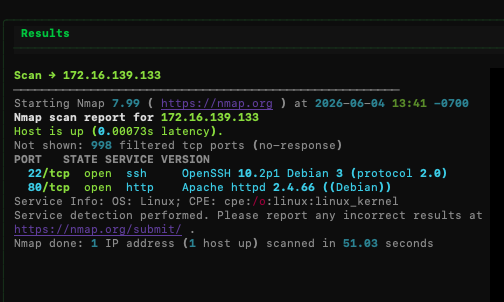 Nmap scan results in CyberPartner showing open SSH and HTTP ports on the target