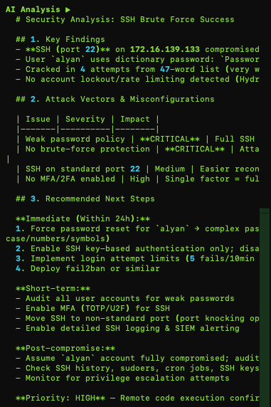 AI attack-path analysis in CyberPartner summarizing findings and next steps